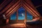 large attic room with view of the night sky, stars and moon shining through the window