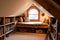 large attic room with window seat, a bookcase, and cozy throw blanket