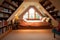 large attic room with window seat, a bookcase, and cozy throw blanket