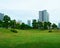 Large and attractive landscape garden in Tokyo. Japanese garden on the background of modern buildings