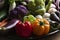 Large baking pan with fresh mixed colourful vegetables