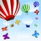 Large balloons and butterflie in blue sky