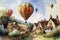 Large balloons fly over a rural town. Hand-drawn watercolor Generative AI illustration.
