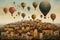 Large balloons fly over a rural town. Hand-drawn watercolor Generative AI illustration. Postcard design, posters.