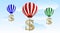 Large balloons lift the symbols of dollar upwards