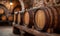 Large barrels in the cellar of the winery.