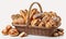 Large basket full of assorted breads isolated on white background