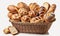 Large basket full of assorted breads isolated on white background