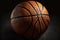 Large basketball with black stripes isolated on black background, generative ai