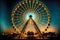 large beafully illuminated ferris wheel in amusement park in evening