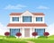 Large beautiful country house, villa, cottage. Vector illustration of a modern new home on a landscape background. Concept