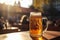 Large beer mug on table of outdoor fstival