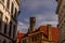 Large belfry tower towering over a city in Belgium