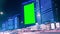 Large billboard with green screen for advertising on the modern building with neon lights, timelapse of traffic on busy