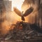 A large bird flying over a pile of rubble. Generative AI image.