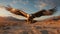 A large bird flying over a sandy field. Generative AI image.