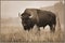 A large bison standing in tall grasses looking straight at me in sepia tones on Mormon Row.