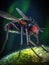 Large black fly is perched on top of green leaf. The insect has red eyes and appears to be looking at something in