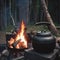 Large black kettle on hearth in a camp in the forest. bonfire at night.