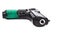 A large black pistol with a handle wrapped in green electrical tape lies on a white isolated background