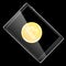 A large black realistic mobile smart touch-sensitive slim tablet computer turned on its side with a gold coin bitcoin, the crypto-