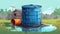 Large blue barrel sitting on top of wooden platform. The barrel appears to be leaking or spilling water out from its