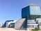 A large blue conceptual beautiful glass building in national library of Belarus. Republic of Belarus, Minsk, August 20, 2018