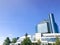 A large blue conceptual beautiful glass building national library of Belarus. Republic of Belarus, Minsk, August 20, 2018