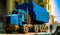 Large blue dump truck parked in front of building. Generative AI