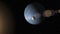 Large blue gas giant planet and a moon orbiting close to a red star