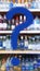 Large blue question mark on abstract blur image of supermarket background. Defocused shelves with alcohol, vodka. Grocery shopping