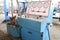 Large blue stand for hydrotesting bolt, pipeline fittings, pressure gauges, leak testing