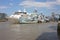 Large boat or ship sails through the English waters of the Thames river