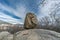 Large boulder of granite rock surounded by trees at Silla de Felipe II Phillip II chair in Guadarrama Mountains