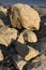 Large boulder pile on the beach along the southern coastline, Connecticut.