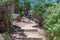 A large boulder sits next to a mountain hiking trail