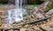 Large boulders and logs at the foot of the waterfall.