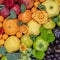 A large bouquet of fruits. Grapes, apples, oranges, kiwi, tangerines, pomegranates and flowers. View from above