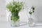 A large bouquet of white delicate Stellaria flowers.A blooming branch of an Apple tree in an elegant glass jug on a light backgro