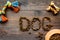 Large bowl of pet - dog food spilling in text on wooden background top view