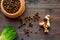 Large bowl of pet - dog food spilling on wooden background top view