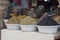 Large bowls of Green & Pink Olives for sale in a Moroccan Market