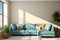 Large and bright living room with a huge window. Beige empty wall for mockups. Corner dusty blue sofa with pillows. Cozy modern