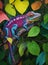 A large, brightly colored chameleon image is on a tree