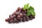 Large bunch fresh ripe organic red grape with leaves on white isolated background with clipping path. Red grape have sweet taste,