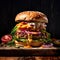 A large burger on a wooden board with cheese