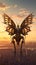 A large butterfly flying over a city at sunset. Generative AI image.