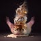 a large cake explodes on a dark background.