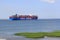 Large cargo ship cosco shipping navigates through the sea along the green salt marsh in summer