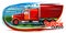 Large cargo truck. Emblem. Isolated vector object on white background. The red car rushes at high speed along the highway. Against